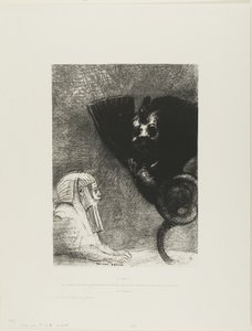 De Sfinx: "...mijn blik die niets kan afleiden, door objecten heen gaat, blijft gericht op een ontoegankelijke horizon." De Chimera: "Wat mij betreft, ik ben licht en vrolijk," plaat 5 uit Aan Gustave Flaubert door Odilon Redon