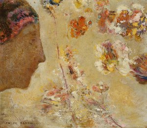 Vrouw in profiel met vlinder en bloemen