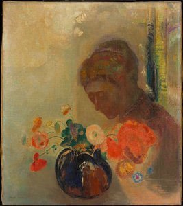 Vrouw met een vaas bloemen door Odilon Redon