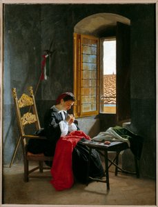 Risorgimento: vrouw die een Italiaanse vlag naait op 26/04/1859