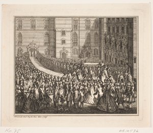 Koning Frederik V in processie naar de zalvingsplechtigheid in de Frederiksborg Slotkerk. Illustratie bij de zalvingsakte van Frederik IV door Odvardt Helmoldt de Lode