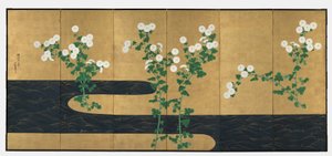 Chrysanten bij een Stroom, paar zesdelige vouwschermen, eind 1700s-begin 1800s door Ogata (follower of) Korin