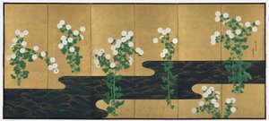 Chrysanten bij een Stroom, paar zesdelige vouwschermen, eind 1700s-begin 1800s door Ogata (follower of) Korin