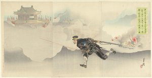 Onoguchi, de dood trotserend, om de poort van het vijandelijke fort op te blazen. door Ogata Gekko
