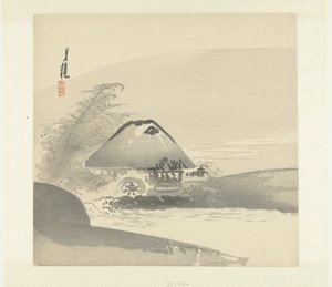 Rivierlandschap waarin huis met waterrad door Ogata Gekko