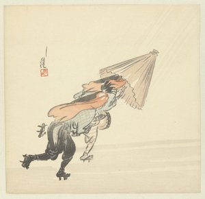 Twee muzikanten rennend in de regen door Ogata Gekko