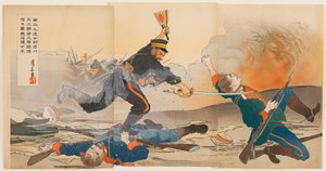 Bij de Slag om Nanshan leidde Eerste Luitenant Shibakawa Matasaburō zijn mannen door een opkomende zon oorlog waaier omhoog te houden