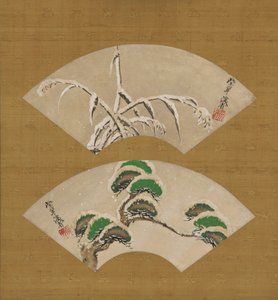 Met sneeuw beladen grassen en dennen takken door Ogata Kenzan