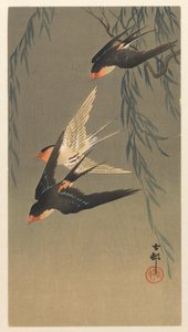 Drie roodstuitzwaluwen in duikvlucht door Ohara Koson