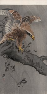 Adelaar met gespreide vleugels op boomstam door Ohara Koson