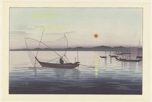 Vissersboten bij zonsondergang door Ohara Koson