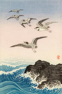 Vijf meeuwen boven een rots in de zee door Ohara Koson