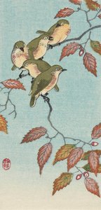 Vijf kleine vogels op een tak, door de Japanse kunstenaar Ohara Koson door Ohara Koson