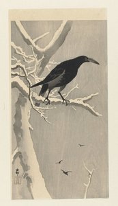Kraai op besneeuwde boomtak door Ohara Koson