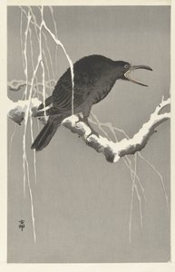 Kraai op besneeuwde boomtak door Ohara Koson