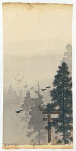 Landschap met zwerm vogels en torii