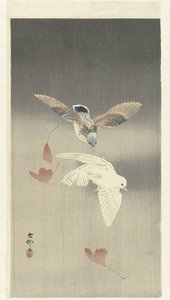 Twee duiven bij vallende ginkgo bladeren door Ohara Koson