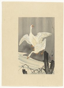 Twee ganzen aan een rivier door Ohara Koson