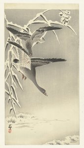 Twee kolganzen in sneeuwlandschap door Ohara Koson