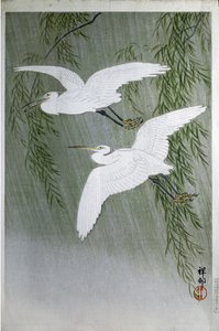 Twee reigers vrij vliegend, 1907 door Ohara Koson
