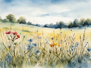 Waterverfschilderij van een veld met wilde bloemen