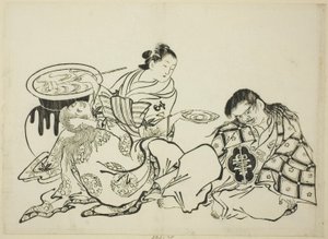 Courtisane die Shojo sake aanbiedt, nr. 4 uit een serie van 12 prenten door Okumura Masanobu