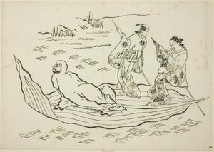 Daruma steekt de zee over op een blad, nr. 7 uit een serie van 12 prenten
