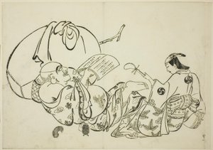 Hotei die een boek leest, nr. 11 uit een serie van 12 prenten