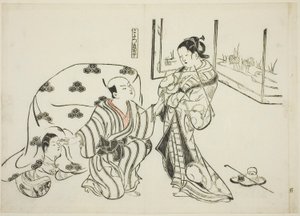 Kotatsu Dojoji, nr. 5 uit een serie van 12 prenten die parodieën van toneelstukken uitbeelden door Okumura Masanobu