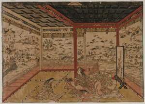 Lady Murasaki bij Ishiyama met Uitzicht op een Panorama met Acht Zichten op het Biwa Meer door Okumura Masanobu