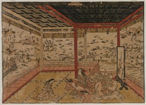 Lady Murasaki bij Ishiyama met uitzicht op een panorama met zeven uitzichten op het Biwa-meer, 1740s door Okumura Masanobu
