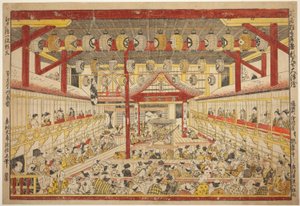 Groot Perspectiefbeeld van de Kaomise-uitvoering op het Kabuki-podium (Shibai kyogen butai kaomise o uki-e)