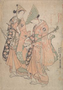Onoe Kikugoro in de rol van Yaoya Oshichi en Nakamura Kiyosaburo als haar minnaar de kosho door Okumura Masanobu