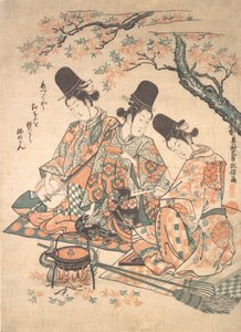 Parodie van Paleisbedienden die Sake Verwarmen boven een Vuur van Esdoornbladeren, ca. 1750 door Okumura Masanobu