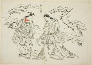 Kokerletter Takasago (Sodefumi Takasago), nr. 2 uit een serie van 12 prenten met parodieën op toneelstukken door Okumura Masanobu