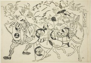De reis van Teika (Taika no michiyuki), uit de serie "Beroemde scènes uit Japanse poppenkastvoorstellingen (Yamato irotake)". door Okumura Masanobu