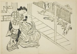 Het Hanachirusato-hoofdstuk uit "Het verhaal van Genji", uit een serie Genji-parodieën door Okumura Masanobu
