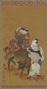 Twee kabuki-acteurs in de rollen van een courtisane op een waterbuffel en een reizende priester door Okumura Masanobu