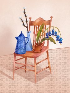 Blauwe stoel in stillevenstijl