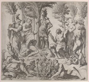 Allegorische compositie met zes Olympische goden rond een figuur in harnas door Oliviero Gatti