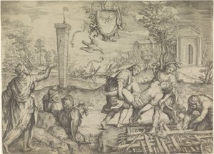 Allegorische voorstelling met koning en vrouw bij brandstapel