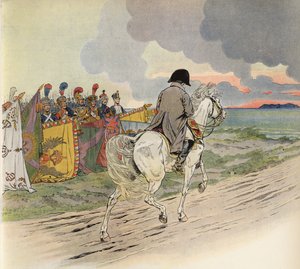 Denkbeeldige afbeelding van Napoleon te paard, die het respect van de soldaten van Europa ontvangt door Onfray de Breville Job