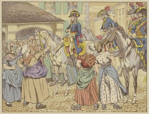 In Parijs in 1795 tijdens een hongersnood, verweet een visvrouw Napoleon dat hij dik werd ten koste van het volk. Glimlachend antwoordde hij: Kijk naar mij en zeg wie van ons tweeën de dikste is? (kleur litografie)