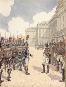 Napoleon benaderd door een nerveuze luitenant tijdens een parade in Schoenbrunn door Onfray de Breville Job