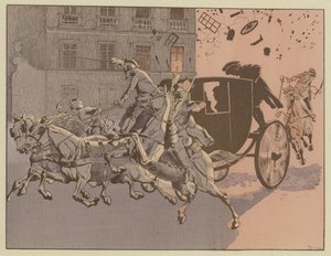 Napoleon ontsnapt op wonderbaarlijke wijze aan de explosie van een bom, de machine infernale, op de Rue Saint-Nicaise, Parijs, 24 december 1800 door Onfray de Breville Job