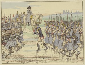 Napoleon kijkt toe terwijl het laatste contingent van het leger in de Franse campagne voorbij marcheert nabij Reims, 16 maart 1814 door Onfray de Breville Job