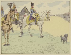 Napoleon inspecteert het Franse leger na het ondertekenen van de Verdragen van Tilsit, 7 juli 1807 door Onfray de Breville Job