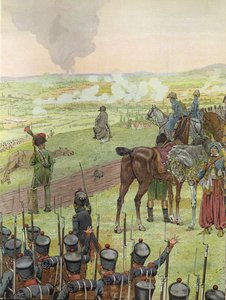 Napoleon, zittend op een trommel, bij de Slag bij Bautzen, 20-21 mei 1813