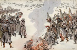 Napoleons Russische campagne, het verbranden van de standaarden, 23 november 1812 door Onfray de Breville Job