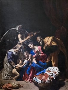 Heilige familie met Sint Elizabeth, Sint Johannes de Doper en een engel door Orazio Borgianni